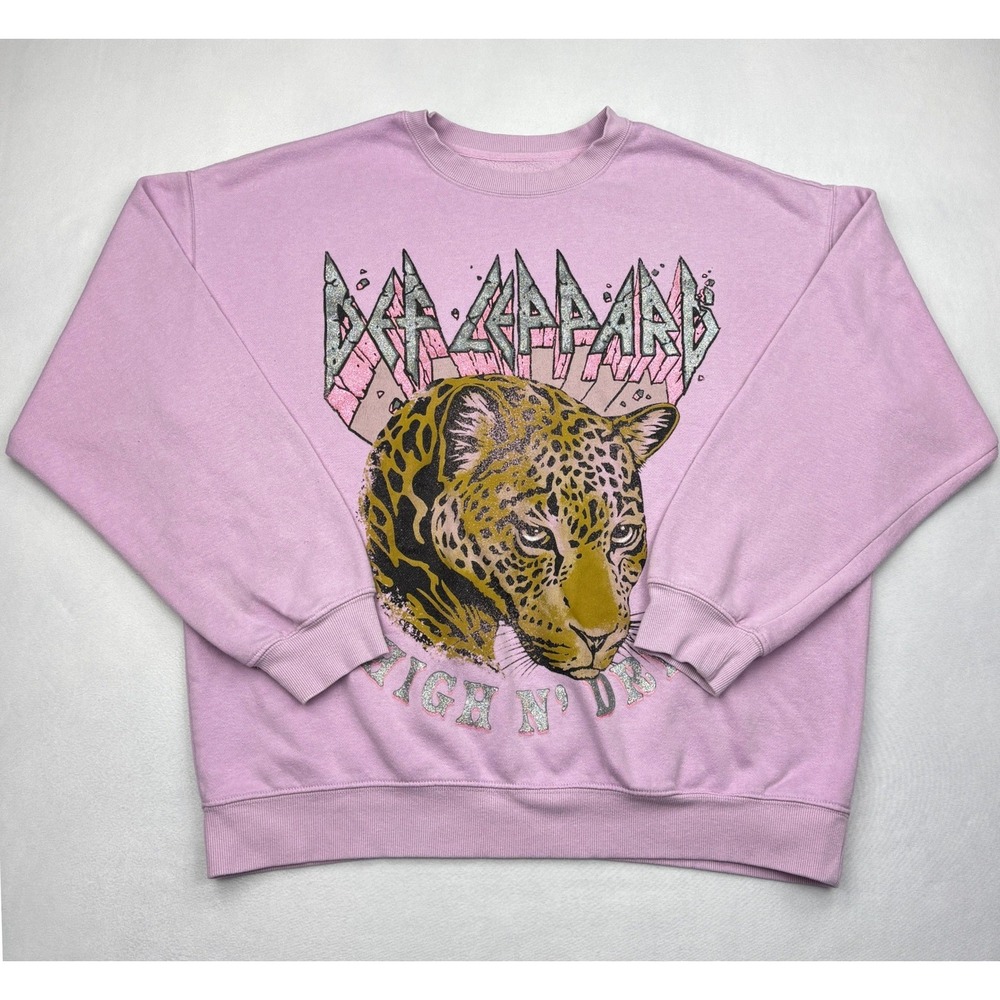 Def Leppard Sweatshirt Womens Large Pink High N Dry Glitter Leopard Band Size L
